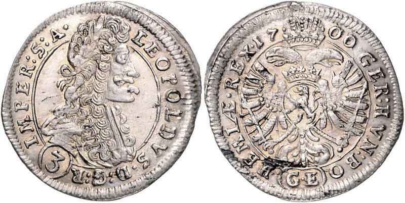 LEOPOLD I (1657 - 1705)&nbsp;
3 Kreuzer, 1700, Praha, 1,7g, Hal 1429&nbsp;

a...