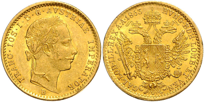 FRANZ JOSEPH I (1848 - 1916)&nbsp;
1 Ducat, 1863, B, 3,48g, Früh 1208&nbsp;

...