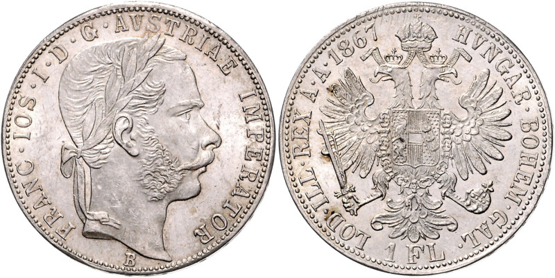 FRANZ JOSEPH I (1848 - 1916)&nbsp;
1 Gulden, 1867, B, 12,35g, Früh 1485&nbsp;
...