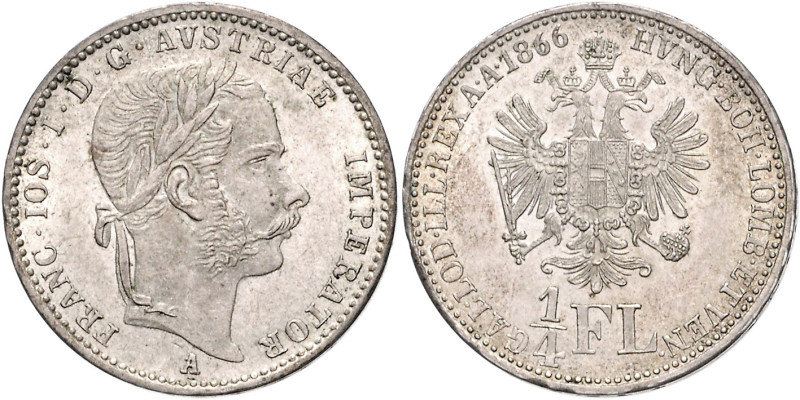 FRANZ JOSEPH I (1848 - 1916)&nbsp;
1/4 Gulden, 1866, A, 5,37g, Früh 1546&nbsp;...