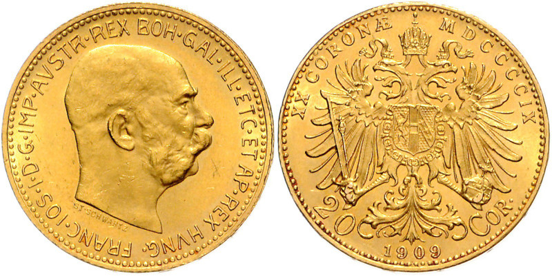 FRANZ JOSEPH I (1848 - 1916)&nbsp;
20 Corona, 1909, 6,78g, Früh 1939&nbsp;

a...