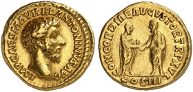 RÖMISCHE MÜNZEN. RÖMISCHE KAISERZEIT. Marcus Aurelius Augustus, 161 - 180. 
Aureus. Rev. Zwei Kaiser im Handschlag. RIC 41; C. 73; Cal. 1827 Gold 7,1...