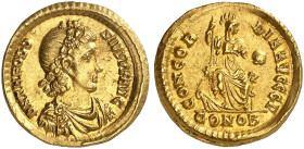 RÖMISCHE MÜNZEN. RÖMISCHE KAISERZEIT. Theodosius I., 379 - 395. 
Solidus, Constantinopolis. Rev. Thronende Constantinopolis. 3. Offizin. RIC 45d (Off...