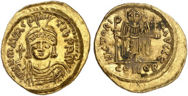 BYZANTINISCHE MÜNZEN. Mauricius Tiberius, 582 - 602. 
Solidus. Rev. Engel mit Stab und Kreuzglobus. 5. Offizin. S. 478 Gold 4,45 g vz / ss