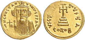 BYZANTINISCHE MÜNZEN. Constans II., 641 - 668. 
Solidus. Rev. Stufenkreuz. 1. Offizin. S. 956; MIB 23 Gold 4,46 g kl. Prägeschwäche, vz