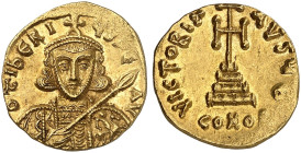 BYZANTINISCHE MÜNZEN. Tiberius III., 698 - 705. 
Solidus. Rev. Stufenkreuz. 9. Offizin. S. 1360 Gold 4,37 g kl. Prägeschwäche am Rand, vz