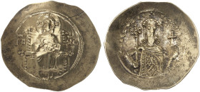 BYZANTINISCHE MÜNZEN. Alexios I. Komnenos, 1081 - 1118. 
Elektron-Histamenon (Skyphat). Thronender Christus / Kaiserhüftbild. S. 1893 Elektron 4,46 g...