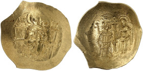 BYZANTINISCHE MÜNZEN. Isaak II. Angelus, 1185 - 1195. 
Hyperperon (Skyphat). Thronender Christus / Kaiser mit Erzengel Michael. S. 2001 Gold 4,23 g v...