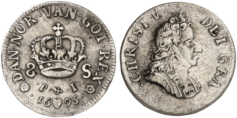 EUROPA. DÄNEMARK. Christian V., 1670-1699. 
8 Skilling 1695, Kopenhagen. Hede 1...