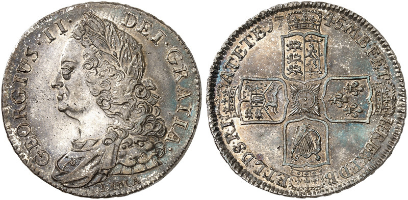 EUROPA. ENGLAND. George II., 1727-1760. 
1/2 Crown 1745, LIMA, DECIMO·NONO. S. ...