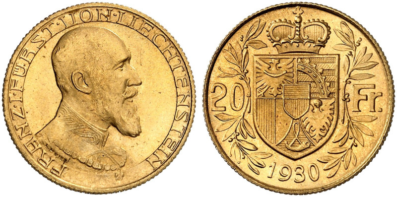 EUROPA. LIECHTENSTEIN. Franz I., 1929-1938. 
20 Franken 1930, Bern, auf den gle...