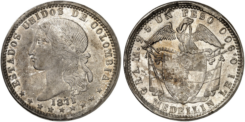 ÜBRIGES AUSLAND. KOLUMBIEN. - Republik seit 1821. 
1 Peso 1871, Medellin. Ray. ...