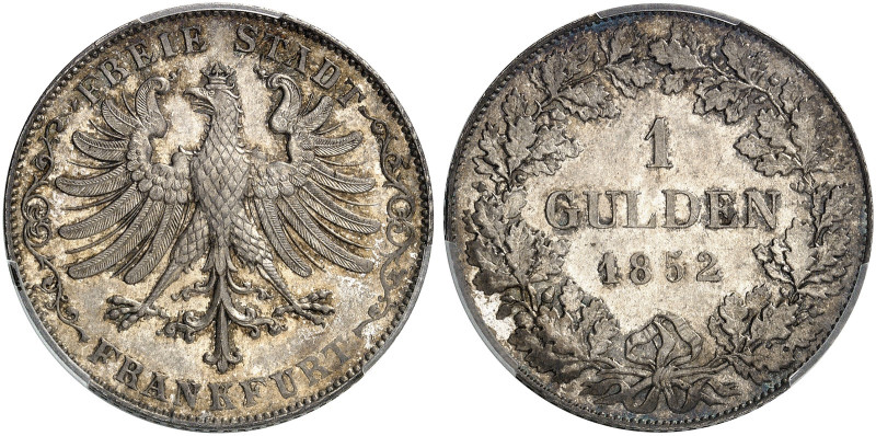 FRANKFURT. - Stadt. 
1 Gulden 1852. Prachtexemplar! AKS 12, J. 27 PCGS MS 65, S...