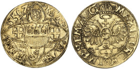 KÖLN. - Stadt. 
Goldgulden 1567, mit Titel Maximilian II. Friedb. 759, Noss 121a Gold, RR ! nur 53 Expl. geprägt ! Rand bearbeitet, ss - vz