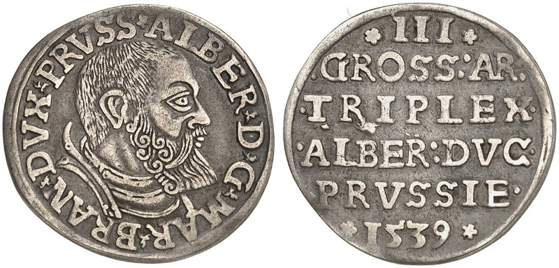 PREUSSEN. Albrecht von Brandenburg, 1525-1568. 
3 Gröscher 1539, Königsberg. Ne...