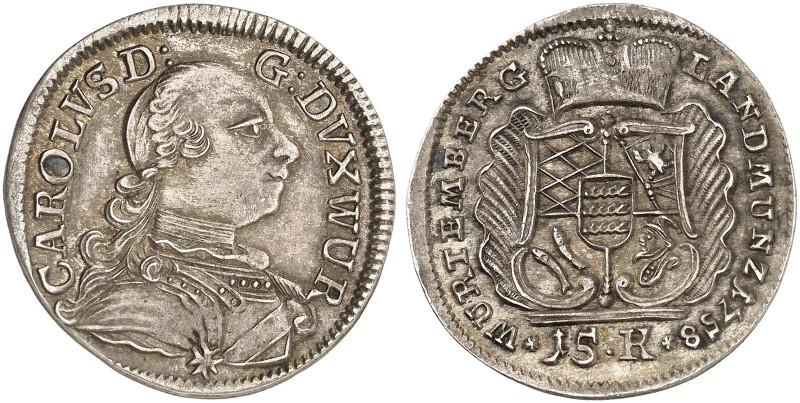 WÜRTTEMBERG. Karl Eugen, 1744-1793. 
15 Kreuzer 1758. Kl.-R. 284b vz