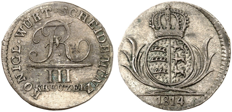 WÜRTTEMBERG. Friedrich II. (I.), 1797-1816. 
3 Kreuzer 1814. AKS 53, J. 8, Kl.-...