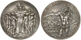 GOETZMEDAILLEN. 
Silbermedaille 1930 (36,1 mm), auf die Rheinlandräumung. Germania mit Rhein- und Ruhrländern / Vater Rhein und die Pfalz bei Kaub. K...