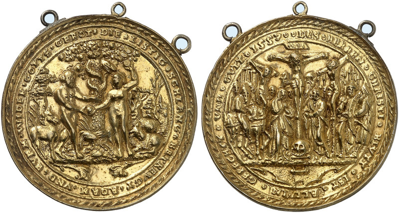 MISCELLANEA. Erzgebirge. 
Tragbare, vergoldete Silbergußmedaille 1557 (von N. M...