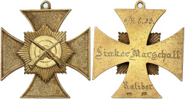 SCHÜTZENMEDAILLE. Ratibor. 
Tragbares, goldenes Schützenkreuz 1933 (Gravur, 34,8 mm, 13,1 g 585 fein). Gekreuzte Gewehre auf Scheibe und Stern / Grav...