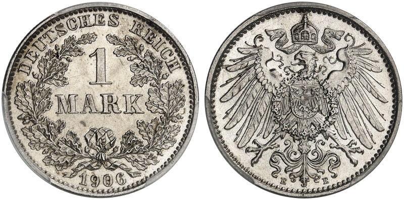 KLEINMÜNZEN. J. 17, EPA 56 
1 Mark 1906 E. PCGS MS 64, winz. Kr., St