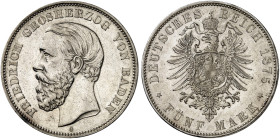 BADEN. Friedrich I., 1856-1907. J. 27, EPA 5/3 
5 Mark 1875. kl. Kr., vz