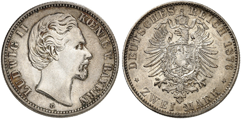 BAYERN. Ludwig II., 1864-1886. J. 41, EPA 2/11 
2 Mark 1876. schöne Patina, vz ...