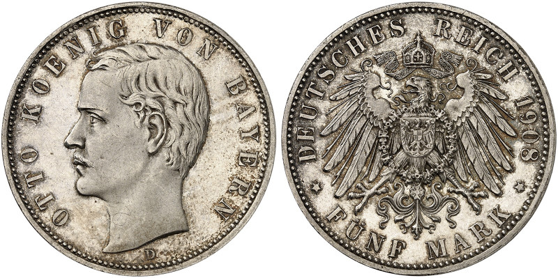 BAYERN. Otto II., 1886-1913. J. 46, EPA 5/14 
5 Mark 1908. winz. Haarlinien u. ...