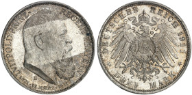 BAYERN. Luitpold, Prinzregent, * 1821, † 1912. J. 49, EPA 3/5 
3 Mark 1911, zum 25-jährigen Regie­rungsjubiläum. PCGS MS 66, St