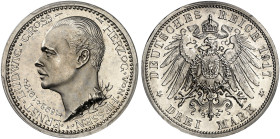 HESSEN. Ernst Ludwig, 1892-1918. J. 77, EPA 3/13 
3 Mark 1917, zum 25-jährigen Regie­rungsjubiläum. Prachtexemplar ! PCGS PR 64, winz. Kr., PP