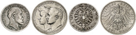 MECKLENBURG - SCHWERIN. Friedrich Franz II., 1842-1883. J. 84, EPA 2/27 
Lot von 2 Stück: 2 Mark 1876, dazu 3 Mark 1910 (J. 162). s - ss