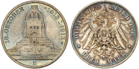 SACHSEN. Friedrich August III., 1904-1918. J. 140, EPA 3/27 
3 Mark 1913, Völkerschlachtdenkmal. Prachtexemplar ! schöne Patina, St