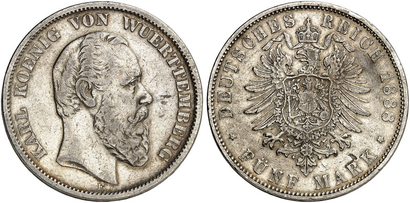 WÜRTTEMBERG. Karl, 1864-1891. J. 173, EPA 5/59 
5 Mark 1888. ss