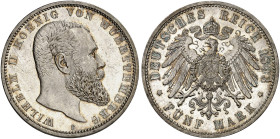 WÜRTTEMBERG. Wilhelm II., 1891-1918. J. 176, EPA 5/60 
5 Mark 1893. in dieser Erhaltung sehr selten ! schöne Patina, winz. Kr., f. St