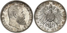 WÜRTTEMBERG. Wilhelm II., 1891-1918. J. 176, EPA 5/60 
5 Mark 1908. kl. Kr., f. St