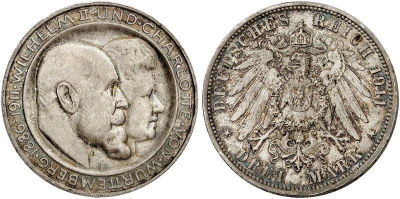 WÜRTTEMBERG. Wilhelm II., 1891-1918. J. 177a, EPA 3/36 
3 Mark 1911, zur Silber...