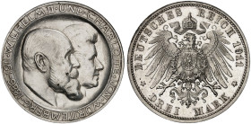 WÜRTTEMBERG. Wilhelm II., 1891-1918. J. 177b, EPA 3/37 
3 Mark 1911, zur Silberhochzeit mit Charlotte, mit hohem Querstrich im H. R ! f. St