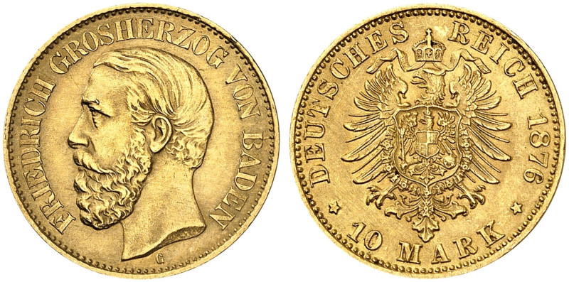 BADEN. Friedrich I., 1852-1907. J. 186, EPA 10/3 
10 Mark 1876. vz