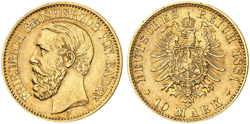 BADEN. Friedrich I., 1852-1907. J. 186, EPA 10/3 
10 Mark 1881. ss - vz