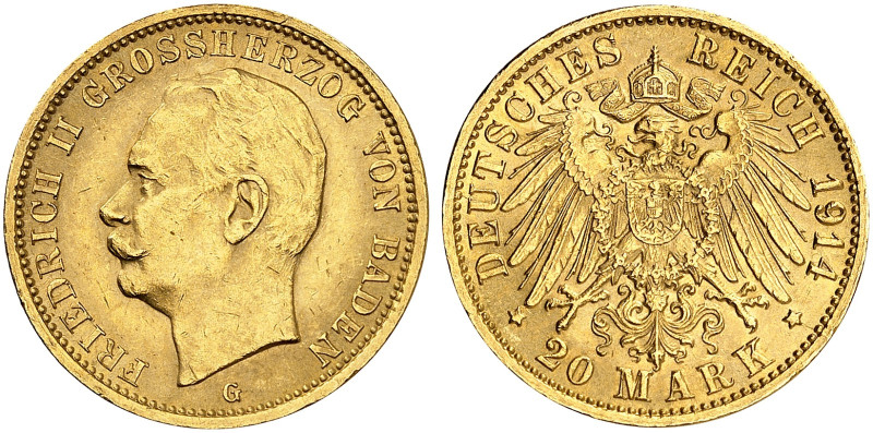 BADEN. Friedrich II., 1907-1918. J. 192, EPA 20/7 
20 Mark 1914. vz