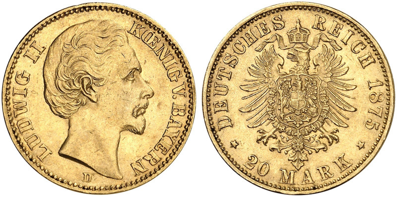 BAYERN. Ludwig II., 1864-1886. J. 197, EPA 20/9 
20 Mark 1875. sehr seltener Ja...