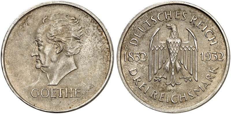 KURS - UND GEDENKMÜNZEN. J. 350, EPA 3/61 
3 RM 1932 F, Goethe. vz - St