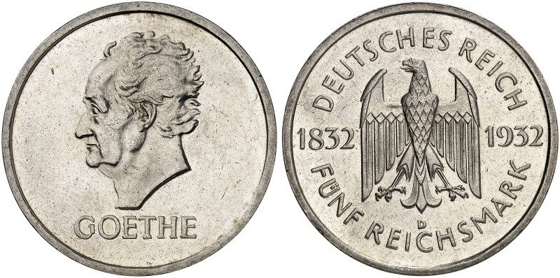 KURS - UND GEDENKMÜNZEN. J. 351, EPA 5/70 
5 RM 1932 D, Goethe. vz - St