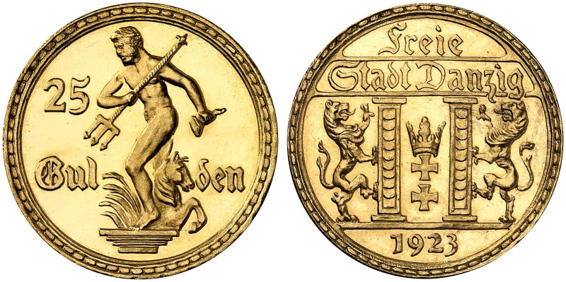 FREIE STADT DANZIG. J. D 10, EPA D 20 
25 Gulden 1923, Neptun mit Drei­zack. Go...