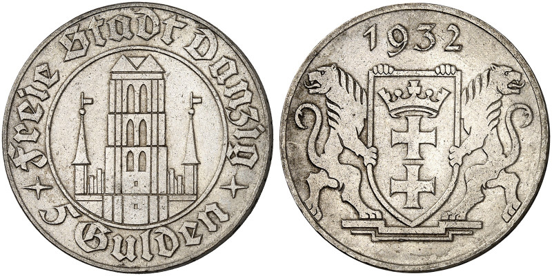 FREIE STADT DANZIG. J. D 17, EPA D 15 
5 Gulden 1932, Marienkirche. ss+