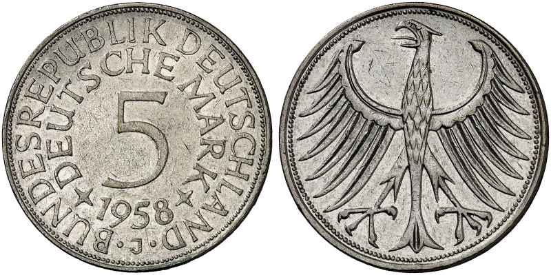 Bundesrepublik Deutschland. 5 DM - Kursmünze. J. 387 
5 DM 1958 J, EPA 13. ss