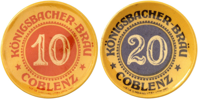 DEUTSCHLAND. Königsbacher Bräu. 
Lot von 2 Stück: Zelluloid, 10, 20 Pfennig Ger...