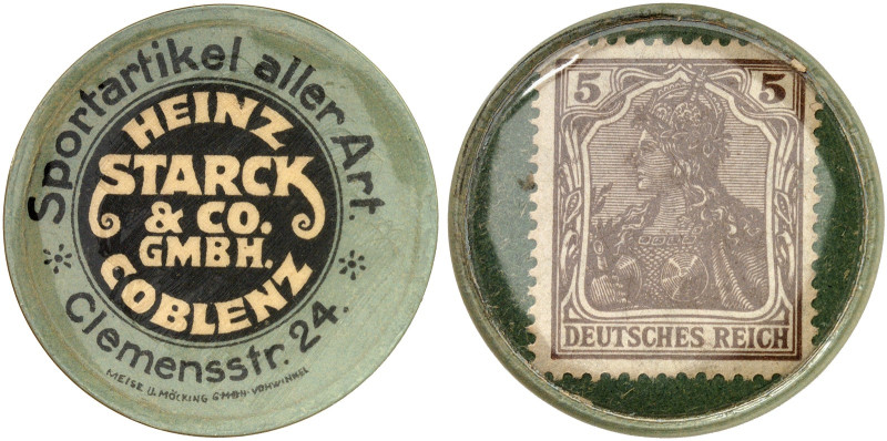 DEUTSCHLAND. Heinz Starck & Co. GmbH. 
Zelluloid, 5 Pfennig Germania, MUG grün....