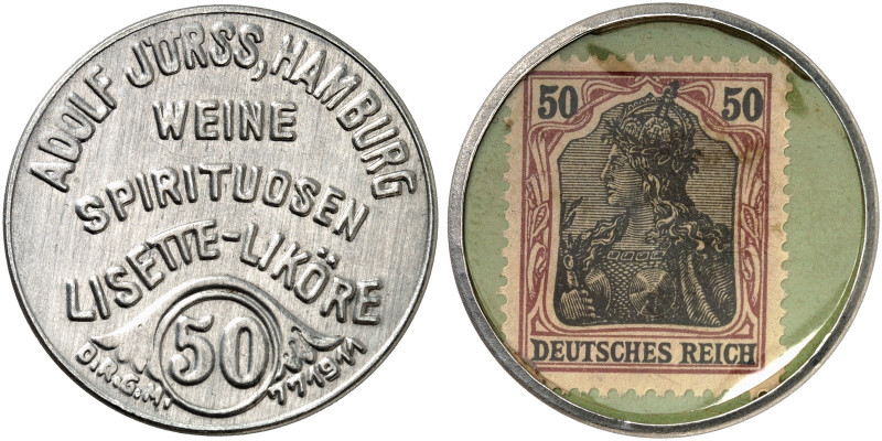 DEUTSCHLAND. Hamburg. Adolf Jörss 
Aluminium, 50 Pfennig Germania, MUG grün. Me...