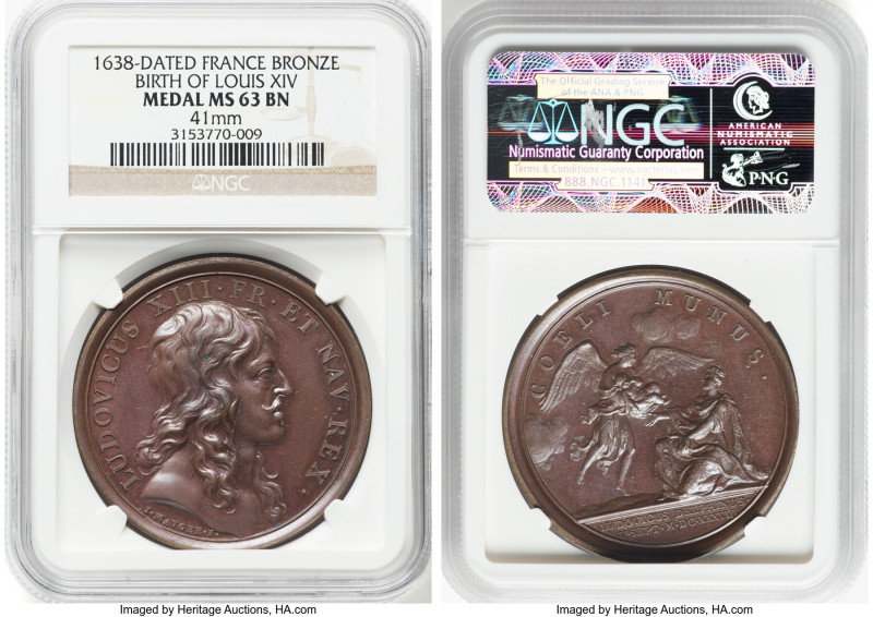 Louis XIII bronze "Birth of Louis XIV" Medal 1638-Dated MS63 Brown NGC, Divo-1. ...